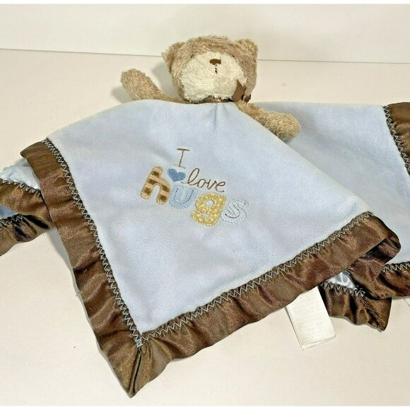 Carters Small Security Blanket Lovey I Love Hugs Bear Blue Brown with Rattle - Picture 2 of 9